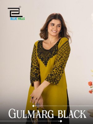  Blue Hills Gulmarg Black Chain Stitch Kurti in Bulk Rayon Ethnic Kurti Wholesale India kurtis catalogs