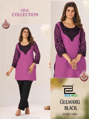  Blue Hills Gulmarg Black Chain Stitch Kurti in Bulk Rayon Ethnic Kurti Wholesale India kurtis catalogs