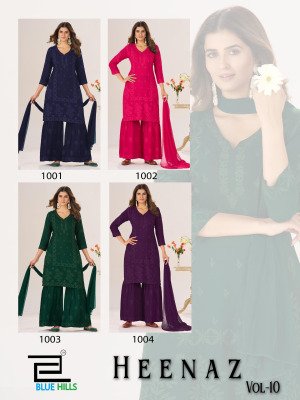Blue Hills Heenaz Vol 10 Rayon 3Pcs Suit Set Embroidery Work Sarara Dupatta Wholesale kurtis catalogs