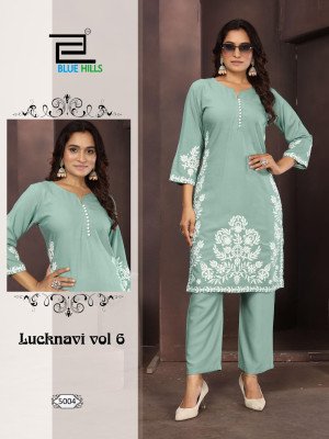 Blue Hills Lucknavi Vol 6 Rayon Kurti Set with Work And Pant Wholesale Ethnic Collection kurtis catalogs