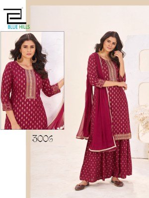 Blue Hills Muskaan Rayon Embroidered Kurti Set with Sharara And Nazmin Dupatta Ready to Wear Ethnic Collection Wholesale Blue hills Kurti 