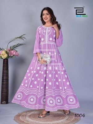 Blue Hills Rashmika 14kg Rayon Printed With Work Long Gown Kurti Buy Wholesale Rate in Surat  Blue hills Kurti 