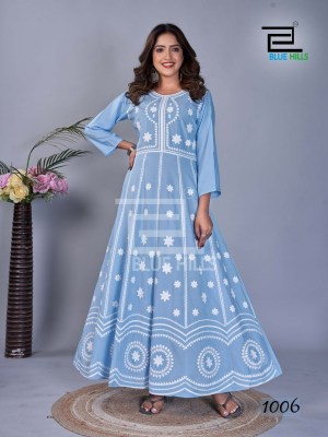 Blue Hills Rashmika 14kg Rayon Printed With Work Long Gown Kurti Buy Wholesale Rate in Surat  kurtis catalogs