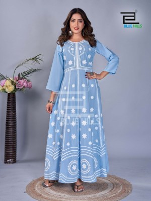 Blue Hills Rashmika 14kg Rayon Printed With Work Long Gown Kurti Buy Wholesale Rate in Surat  kurtis catalogs