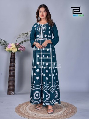 Blue Hills Rashmika 14kg Rayon Printed With Work Long Gown Kurti Buy Wholesale Rate in Surat  kurtis catalogs