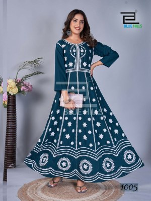 Blue Hills Rashmika 14kg Rayon Printed With Work Long Gown Kurti Buy Wholesale Rate in Surat  kurtis catalogs