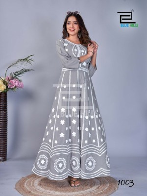 Blue Hills Rashmika 14kg Rayon Printed With Work Long Gown Kurti Buy Wholesale Rate in Surat  kurtis catalogs