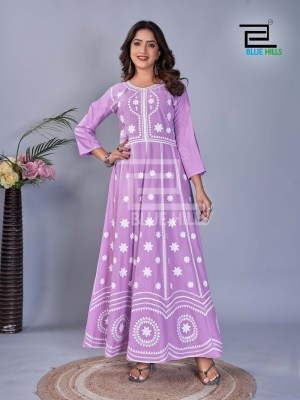 Blue Hills Rashmika 14kg Rayon Printed With Work Long Gown Kurti Buy Wholesale Rate in Surat  kurtis catalogs