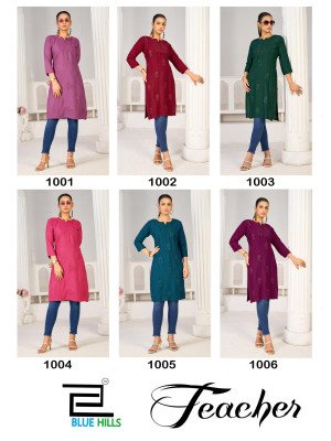 Blue Hills Teacher Festival Wear Rayon Kurti with Sequence And Tone Embroidery Wholesale kurtis catalogs