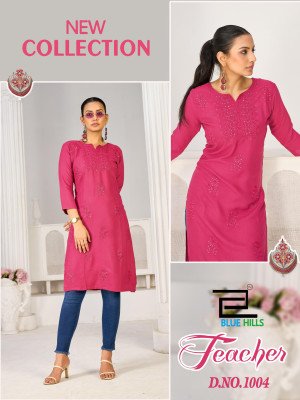 Blue Hills Teacher Festival Wear Rayon Kurti with Sequence And Tone Embroidery Wholesale kurtis catalogs
