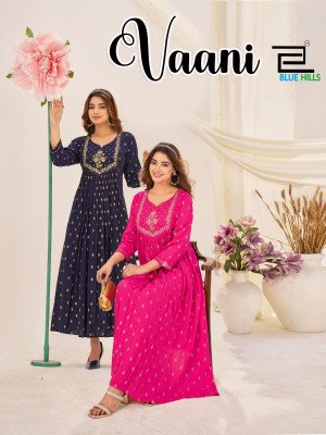 Blue Hills Vaani Kurti Catalogs Rayon Foil Print Kurti Gown with Neck Cording Embroidery Wholesale wholesale catalogs