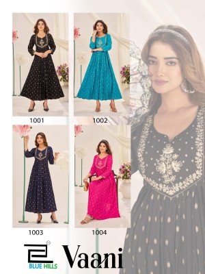 Blue Hills Vaani Kurti Catalogs Rayon Foil Print Kurti Gown with Neck Cording Embroidery Wholesale kurtis catalogs