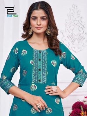 Blue Hills by Kanishka reyon foil printed center cut kurti catalogue at amaviexpo Blue hills Kurti 