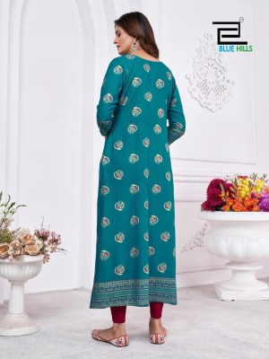 Blue Hills by Kanishka reyon foil printed center cut kurti catalogue at amaviexpo kurtis catalogs