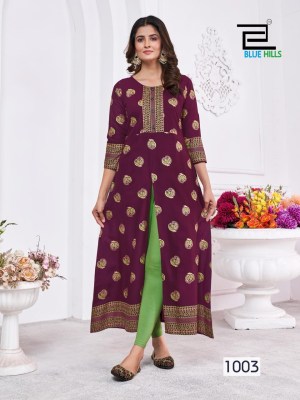 Blue Hills by Kanishka reyon foil printed center cut kurti catalogue at amaviexpo kurtis catalogs