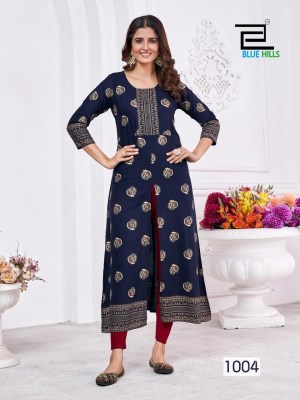 Blue Hills by Kanishka reyon foil printed center cut kurti catalogue at amaviexpo kurtis catalogs