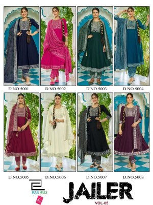 Blue Hills by jailer vol 5 heavy chanderi reyon embroidered readymade suit catalogue at affordable rate readymade suit catalogs