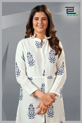 Blue hills by Calendar vol 20 fancy reyon printed front slit kurti catalogue at low rate kurtis catalogs