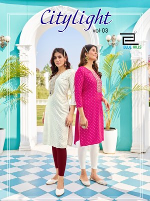 Blue hills by City light vol 3 reyon foil print embroidered kurti catalogue at low rate Blue hills Kurti 