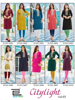 Blue hills by City light vol 3 reyon foil print embroidered kurti catalogue at low rate kurtis catalogs