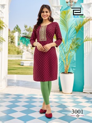 Blue hills by City light vol 3 reyon foil print embroidered kurti catalogue at low rate kurtis catalogs