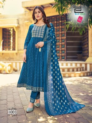 Blue hills by Meera heavy chanderi foil print flared kurti pant and dupatta catalogue readymade suit catalogs