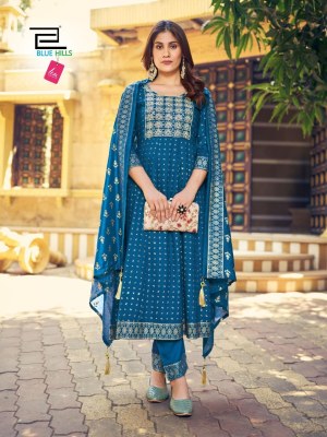 Blue hills by Meera heavy chanderi foil print flared kurti pant and dupatta catalogue readymade suit catalogs