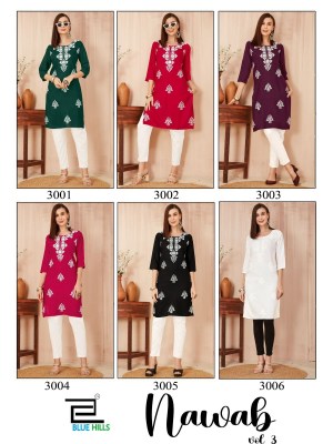 Blue hills by Nawab vol 3 reyon embroidered kurti catalogue at low rate kurtis catalogs