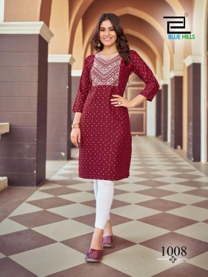 Blue hills by Oreo reyon foil print embroidered kurti catalogue at low rate Blue hills Kurti 