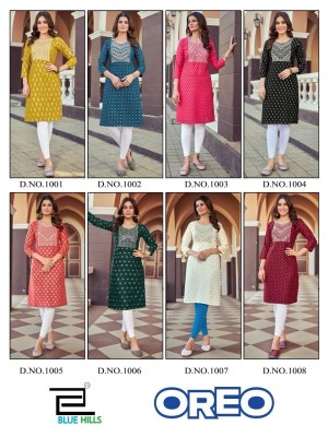 Blue hills by Oreo reyon foil print embroidered kurti catalogue at low rate kurtis catalogs