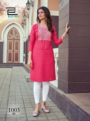 Blue hills by Oreo reyon foil print embroidered kurti catalogue at low rate kurtis catalogs