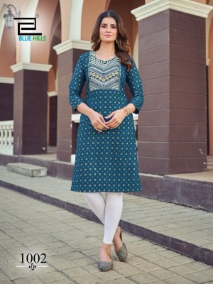 Blue hills by Oreo reyon foil print embroidered kurti catalogue at low rate kurtis catalogs