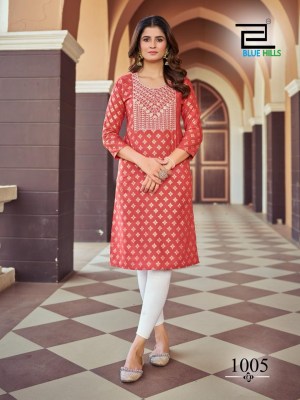 Blue hills by Oreo reyon foil print embroidered kurti catalogue at low rate kurtis catalogs