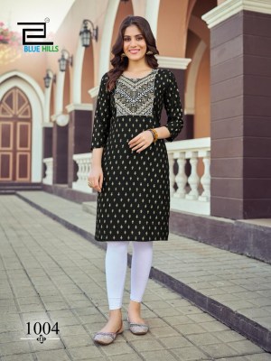 Blue hills by Oreo reyon foil print embroidered kurti catalogue at low rate kurtis catalogs