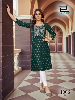 Blue hills by Oreo reyon foil print embroidered kurti catalogue at low rate kurtis catalogs