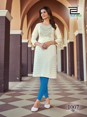 Blue hills by Oreo reyon foil print embroidered kurti catalogue at low rate kurtis catalogs