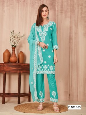 Blue hills by Shenaaz reyon thread work short kurti pant and dupatta catalogue at low rate readymade suit catalogs