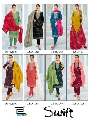 Blue hills by Swift reyon foil print exclusive kurti pant and dupatta catalogue at affordable rate readymade suit catalogs