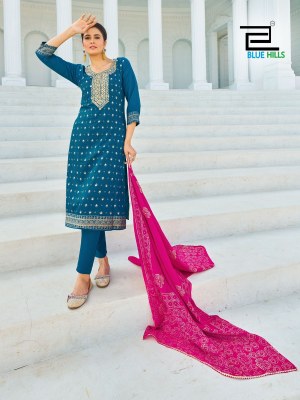 Blue hills by Swift reyon foil print exclusive kurti pant and dupatta catalogue at affordable rate readymade suit catalogs