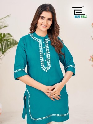 Blue hills by Swiss reyon with embroidered work short kurti catalogue at wholesale price kurtis catalogs