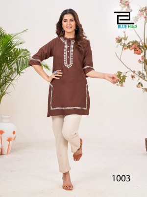 Blue hills by Swiss reyon with embroidered work short kurti catalogue at wholesale price kurtis catalogs