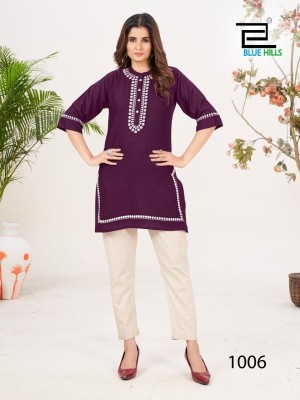 Blue hills by Swiss reyon with embroidered work short kurti catalogue at wholesale price kurtis catalogs