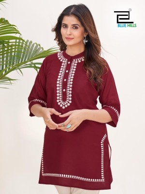 Blue hills by Swiss reyon with embroidered work short kurti catalogue at wholesale price kurtis catalogs