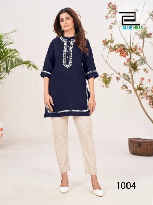 Blue hills by Swiss reyon with embroidered work short kurti catalogue at wholesale price kurtis catalogs