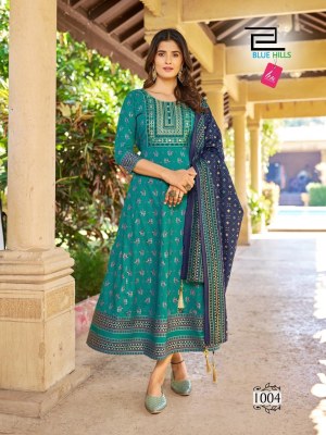 Blue hills by Vasuki reyon foil printed anarkali kurti pant and dupatta catalogue readymade suit catalogs