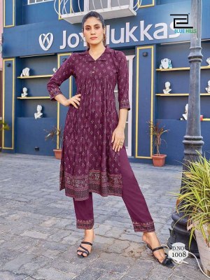 Blue hills by cassata presenting reyon foil print 2pc alia cut  kurti with pant catalogue at wholesale price kurtis catalogs