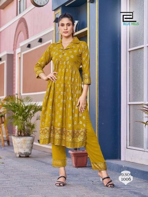 Blue hills by cassata presenting reyon foil print 2pc alia cut  kurti with pant catalogue at wholesale price kurtis catalogs