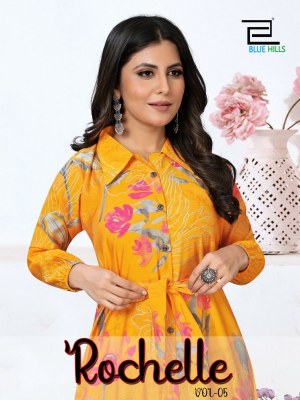 Blue hills by rochelle vol 5 modal chanderi print gown style printed kurti catalog at wholsale rate Blue hills Kurti 