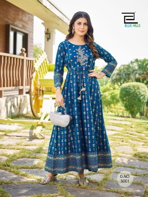 Blue hills by sandwich vol 5 reyon foil printed anarkali gown with embroidery with belt at wholesaler price  kurtis catalogs