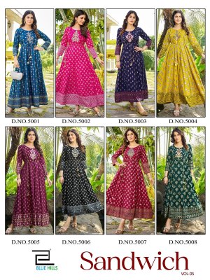 Blue hills by sandwich vol 5 reyon foil printed anarkali gown with embroidery with belt at wholesaler price  kurtis catalogs